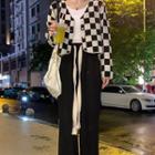 Long Sleeve V-neck Plaid Cropped Cardigan/ Elastic-waist Wide Leg Lace Up Plain Pants