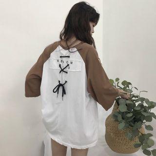 Elbow-sleeve Printed Lace-up Oversized Top