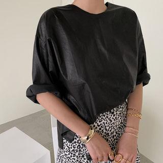 Short-sleeve Pleather Top Black - One Size