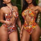 Halter-neck Floral Print Cut-out Swimsuit