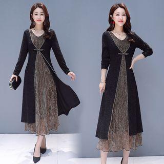 Mock Two-piece Long-sleeve Sheer Panel A-line Midi Dress
