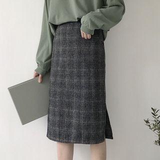 Plaid Side Slit A-line Skirt