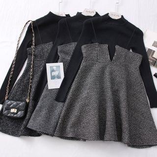 Set: Woolen Sleeveless Jumper Dress + Mock-neck Knit Top