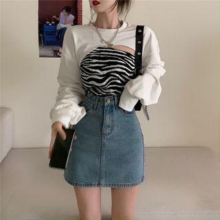 Long-sleeve Plain Shrug Top / Zebra Print Camisole