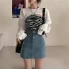Long-sleeve Plain Shrug Top / Zebra Print Camisole