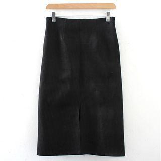 High-waist Plain Back Slit Skirt Black - M