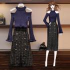 Set: Cold-shoulder Glitter Knit Top + Plaid Midi A-line Skirt
