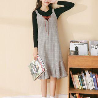 Plaid Lace-up Ruffle Hem Pinafore Dress Khaki - One Size