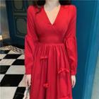 V-neck Long-sleeve Bow Midi A-line Dress