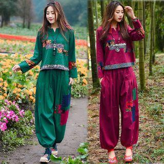 Set: Applique Long-sleeve T-shirt + Wide-leg Pants