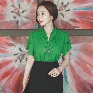 Petal-sleeve Chiffon Top With Brooch