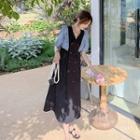 V-neck Puff-sleeve Double-breasted Mock Two-piece Dress