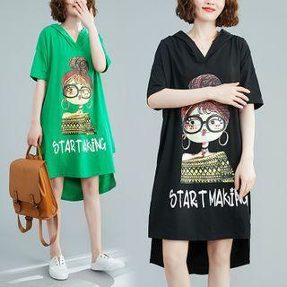 Elbow-sleeve Print Hoodie Dress