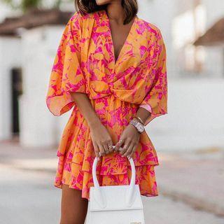 Flared-sleeve Patterned Mini A-line Dress