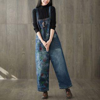 Flower Print Wide-leg Denim Dungarees Dark Blue - One Size