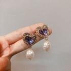 Heart Rhinestone Faux Pearl Dangle Earring 1 Pair - Purple - One Size