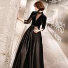 Elbow-sleeve Mesh Panel Back A-line Evening Gown