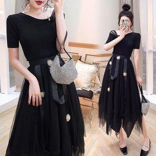Set: Asymmetrical Short-sleeve Knit Top + Asymmetrical Midi A-line Mesh Skirt