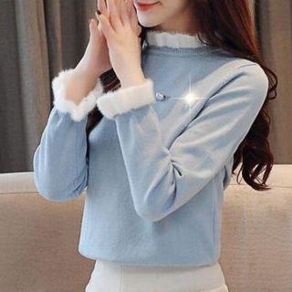 Mock-neck Furry Trim Knit Top