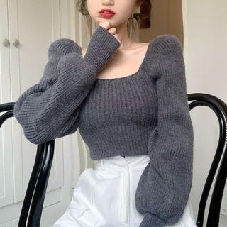 Lantern Sleeve Square-neck Knit Top