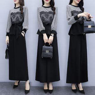 Set: Plaid Lace Panel Blouse + Wide Leg Pants