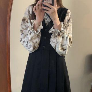 Long-sleeve Printed Blouse / Midi A-line Pinafore Dress