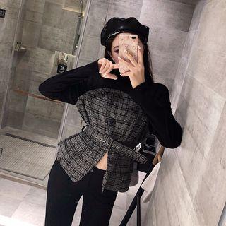 Plaid Panel Belted Long-sleeve T-shirt