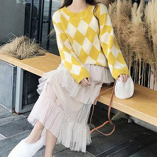Set: Check Sweater + Tiered Midi Skirt As Shown In Figure - One Size