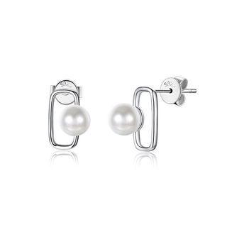 Sterling Silver Simple Fashion Geometric Rectangular Pearl Stud Earrings Silver - One Size