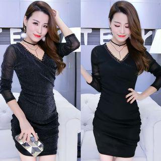 Lace Trim V-neck Long Sleeve Dress