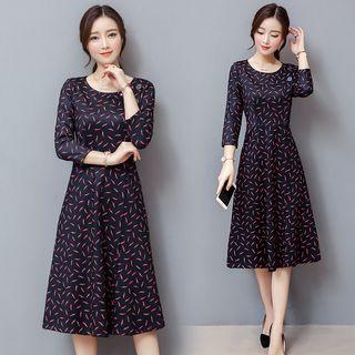 3/4-sleeve Floral Print Crewneck A-line Sheath Slim Dress