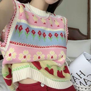 Floral Print Knit Sweater Vest Pink & Green & Blue & Beige - One Size