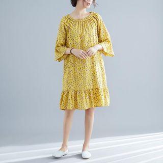 3/4-sleeve Frill Trim Floral Dress