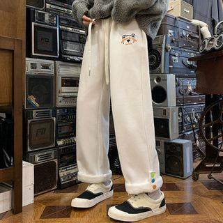 Drawstring Print Fleece-lined Rolled Straight Cut Pants