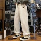 Drawstring Print Fleece-lined Rolled Straight Cut Pants