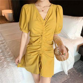 Puff-sleeve Drawstring Mini A-line Dress