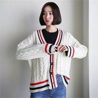 Contrast V-neck Cable-knit Cardigan