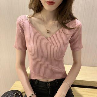 Short-sleeve V-neck Plain Slim Fit Knit Crop Top