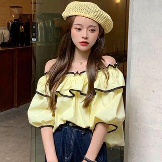 Puff-sleeve Off-shoulder Ruffle Trim Blouse