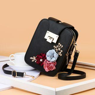 Faux Leather Floral Appliqued Crossbody Bag
