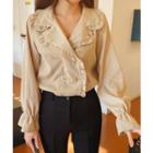 Frill-collar Corduroy Blouse Beige - One Size