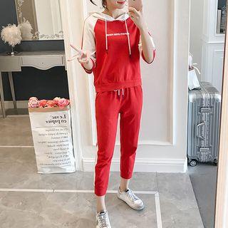 Set: Color Block 3/4-sleeve Hoodie + Cropped Sweatpants