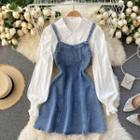 Mock Two-piece Long-sleeve Denim Mini A-line Dress