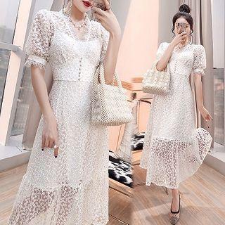 Set: Short-sleeve Floral Lace A-line Midi Dress + Slipdress