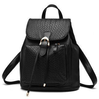 Faux Leather Flap Buckled Backpack Black - One Size