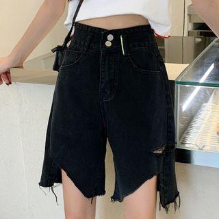 High-waist Straight Leg Loose Fit Frayed Asymmetric Shorts
