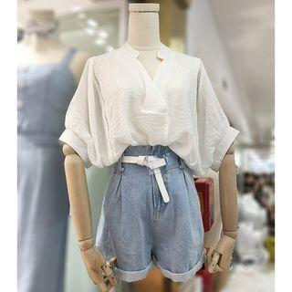 Set: Lapel Short-sleeve Blouse + Roll-up Hem Denim Shorts