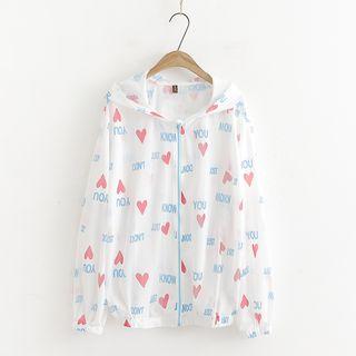 Letter Heart Zip Hooded Jacket White - One Size
