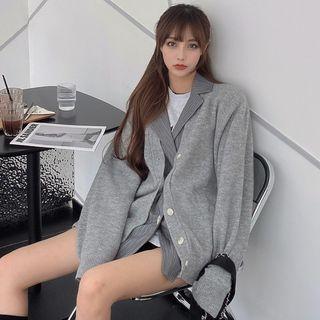 Mock-two Piece Long-sleeve Knit Cardigan Gray - One Size