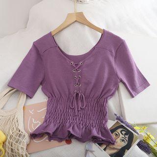 Smocked Waist Lace-up Cropped Knit Top